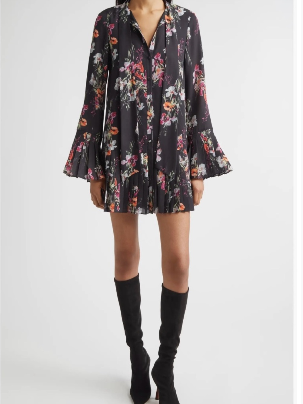 cinq a sept Black Floral Tie-Neck Pleated Midi Dress
